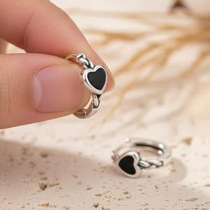 925 Sterling Silver Black Heart Hoop Earrings, Dainty Huggie Hoops, Minimalist Charm Earrings, Enamel Heart Jewelry, Gift for Her