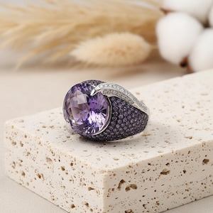Large Amethyst Statement Ring, Purple Gemstone Cocktail Ring with Pave Accents, Sterling Silver Bold Wedding Ring, Anniversary Gift for Her