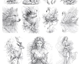 Pacote de Amostras com 11 Páginas para Colorir de Fantasia em Tons de Cinza - 4