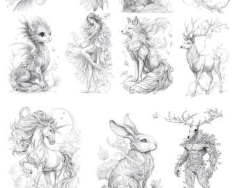 Pacote de Amostras com 11 Páginas para Colorir de Fantasia em Tons de Cinza - 5