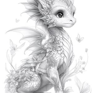 May include: A detailed black and white illustration of a fantasy dragon. The dragon is adorned with floral elements and has large, expressive eyes. Butterflies and delicate foliage surround the creature, creating a whimsical scene.