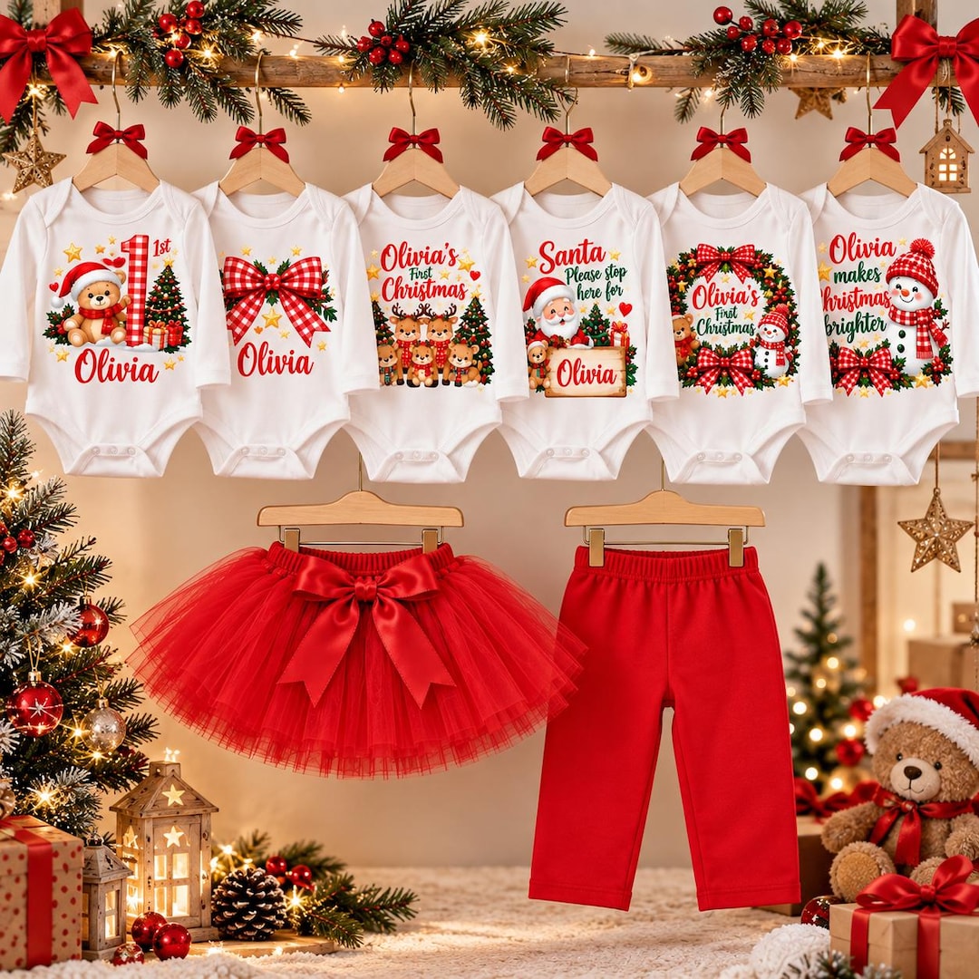 Personalized Christmas Baby Outfit Set, Baby Bodysuits Set, Red Tutu or ...