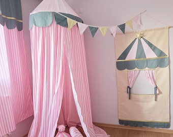 Dosel de algodón a rayas rosas, para habitación infantil de niña, dosel rosa para niños