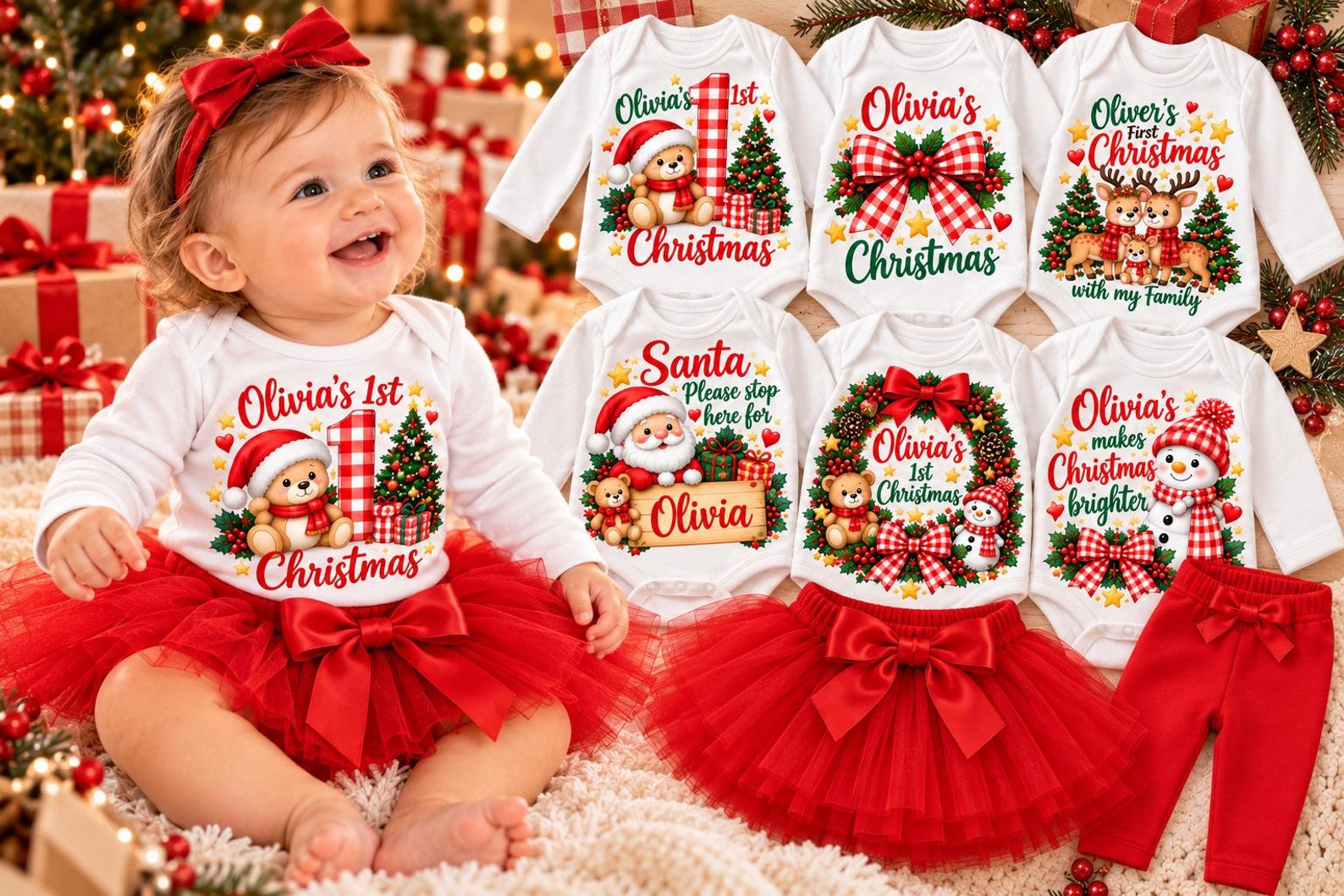 Personalized Christmas Baby Outfit Set, Baby Bodysuits Set, Red Tutu or ...