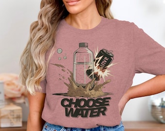 Koszulka „Wybierz wodę”, koszulka zdrowotna, butelka na wodę, puszka napoju gazowanego, zdrowy styl życia, koszulka nawadniająca, osoba pijąca wodę
