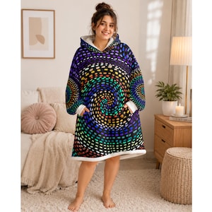 Manta com capuz em sherpa extragrande, estampa colorida de bolinhas arco-íris, manta aconchegante para vestir.