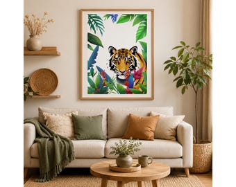Impression aquarelle tigre, art mural jungle tropicale, décoration de chambre d'enfant Safari (téléchargement numérique)