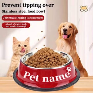 Puede incluir: Un cuenco rojo y plateado para comida de mascotas lleno de pienso seco. El cuenco tiene el texto "Pet name" en blanco. Un golden retriever y un gato están en el fondo. El texto de la imagen dice "Prevent tipping over" y "Stainless steel food bowl."