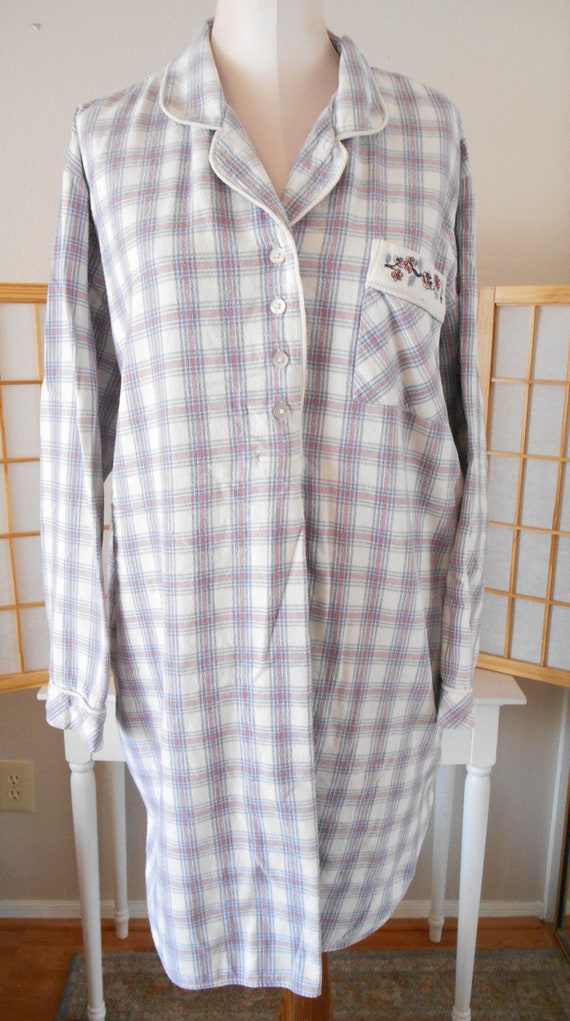 Plaid Flannel Night Shirt Night Gown Vintage Chero
