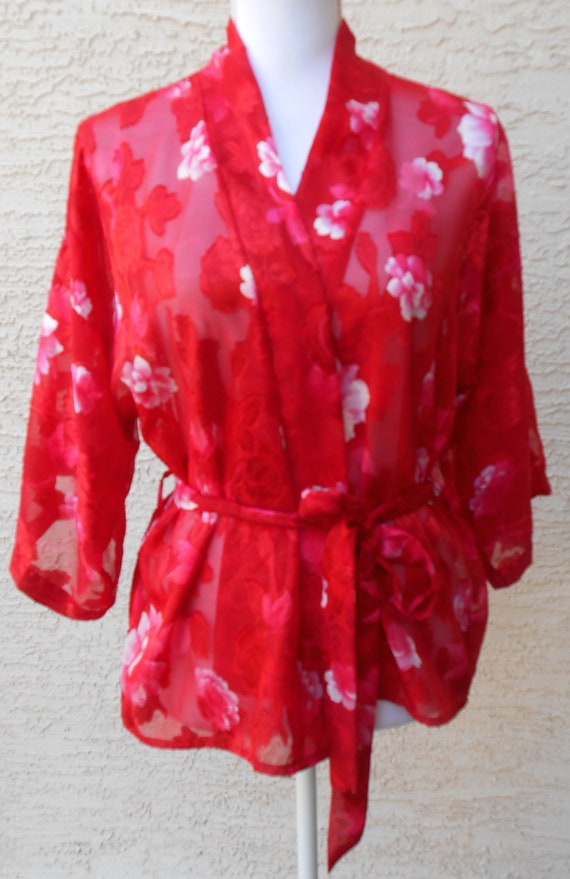 Short Robe | Wrapper Red Sheer Dressing Gown Vinta
