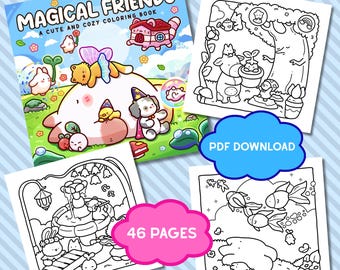 Puede incluir: Un libro para colorear "Magical Friends" con una linda ilustración de portada y tres páginas de muestra para colorear. La portada presenta personajes de dibujos animados y el texto "A Cute and Cozy Coloring Book". Las páginas para colorear son dibujos lineales en blanco y negro.