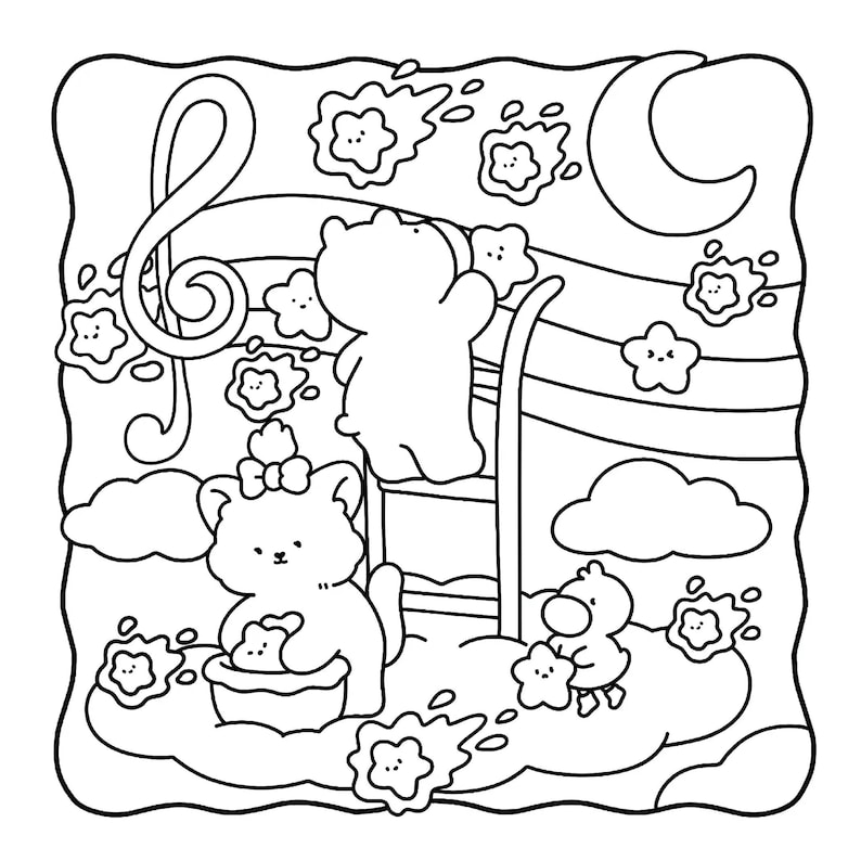 May include: Black and white illustration of a whimsical scene with cartoon animals. A cat with a bow, a bear, and a duck are featured. The image includes a musical treble clef, stars, clouds, and a crescent moon.