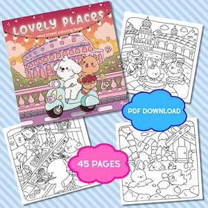 Op de afbeelding: Een "Lovely Places" kleurboek voor gezellig reizen met een omslagillustratie van een hond en een beer op een scooter langs een Romeins gebouw. Bevat 45 pagina's en een "PDF DOWNLOAD" afbeelding.