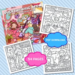 Może przedstawiać: Zbiór kolorowanek, w tym książka zatytułowana "Overthinking Off" oraz strony z tekstami takimi jak "Can't Talk I'm Manifesting" i "I'm Energy-Efficient". Strony to czarno-białe rysunki liniowe z różową chmurą z napisem "54 strony."