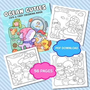 Puede incluir: Un libro de colorear digital titulado Ocean Cuties Cute & Cozy Coloring Book con 56 páginas de ilustraciones en blanco y negro de criaturas marinas y escenas submarinas, incluyendo una opción de descarga en PDF para imprimir.