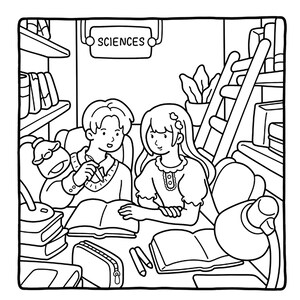 May include: Black and white illustration of two people studying at a desk. The word "SCIENCES" is displayed above them. Books, a pencil case, and lamps are on the desk. A ladder and bookshelves are in the background.
