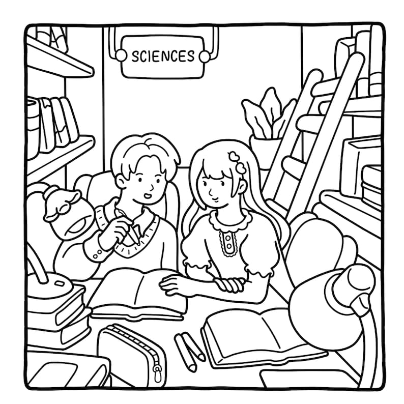 May include: Black and white illustration of two people studying at a desk. The word "SCIENCES" is displayed above them. Books, a pencil case, and lamps are on the desk. A ladder and bookshelves are in the background.