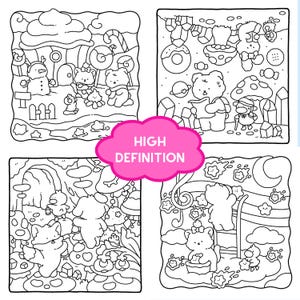 May include: Black and white line art illustrations of whimsical scenes with bears, mushrooms, and other fantasy elements. The text "HIGH DEFINITION" is in a pink cloud-shaped speech bubble.