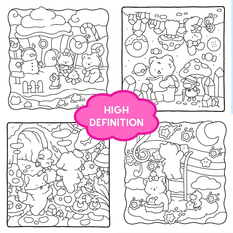 May include: Black and white line art illustrations of whimsical scenes with bears, mushrooms, and other fantasy elements. The text "HIGH DEFINITION" is in a pink cloud-shaped speech bubble.