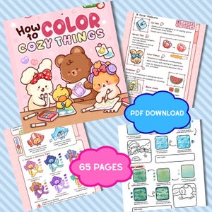May include: A pink digital coloring book titled "How to Color Cozy Things" with cute cartoon characters. The book includes pages on color harmony, other mediums, and a "PDF DOWNLOAD" option. The book has 65 pages.