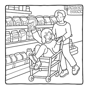 May include: Black and white illustration of a person sitting in a shopping cart being pushed by another person in a grocery store. The person in the cart holds a snack bag. Shelves are stocked with groceries, including milk cartons.
