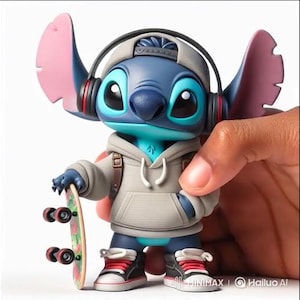 May include: A blue and turquoise figurine of a cartoon character wearing a gray hoodie, headphones, and a backward baseball cap. The character is holding a skateboard with a floral design and wearing red, black, and white sneakers.