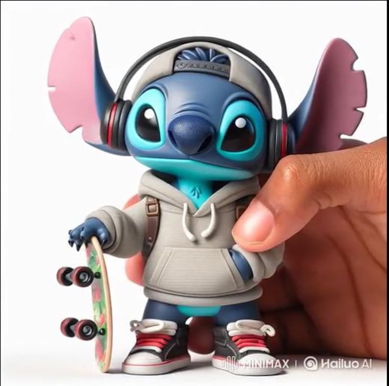 May include: A blue and turquoise figurine of a cartoon character wearing a gray hoodie, headphones, and a backward baseball cap. The character is holding a skateboard with a floral design and wearing red, black, and white sneakers.