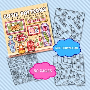 Puede incluir: Un libro para colorear titulado "Cutie Patterns" con varias ilustraciones bonitas, incluyendo un caracol, cerezas y un tulipán. El libro tiene 52 páginas e incluye una descarga en PDF. Las ilustraciones están delineadas en blanco y negro.