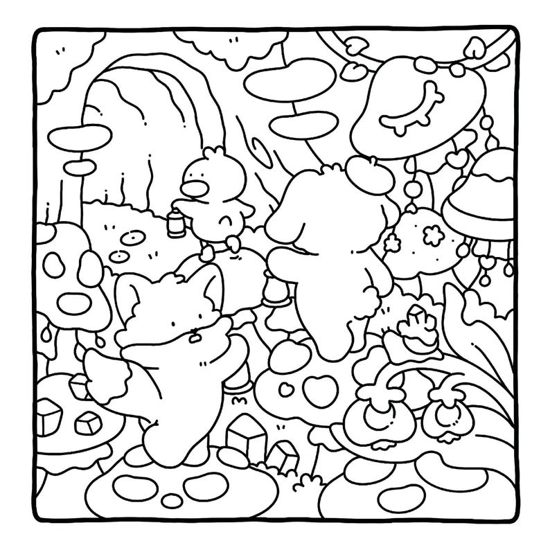 May include: Black and white illustration of a whimsical forest scene. The image features cartoon-like creatures, mushrooms, and foliage. The artwork has a playful and imaginative style, with a focus on line art and detailed patterns.
