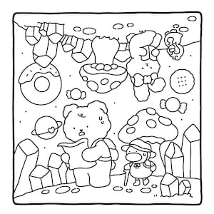May include: Black and white cartoon illustration featuring a bear with a backpack reading a map, a rabbit with a bow tie, and a character with a hat and cane. The scene includes a donut, planet, mushrooms, and crystals.