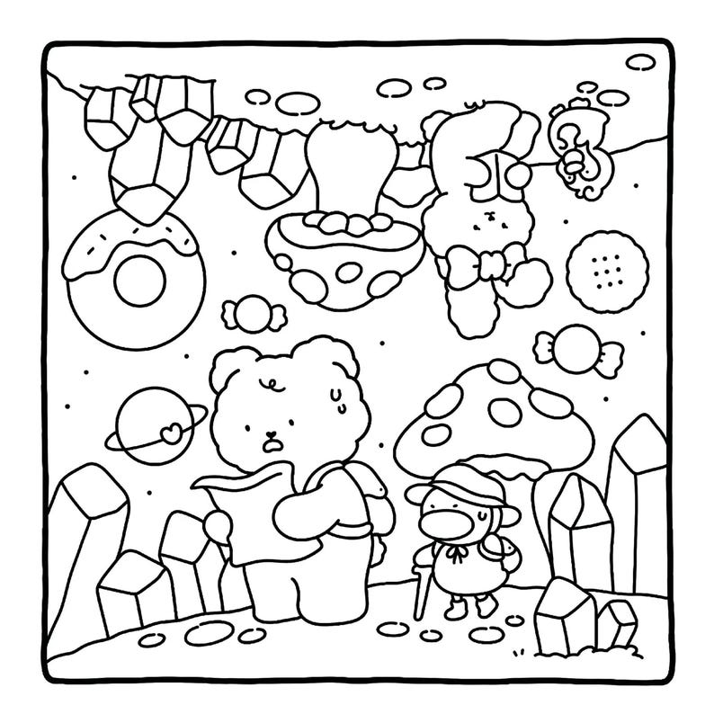 May include: Black and white cartoon illustration featuring a bear with a backpack reading a map, a rabbit with a bow tie, and a character with a hat and cane. The scene includes a donut, planet, mushrooms, and crystals.
