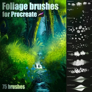 May include: Digital art brushes for Procreate, featuring foliage and floral elements. The image showcases a lush, green forest scene with a waterfall. The text reads "Foliage brushes for Procreate" and "75 brushes."