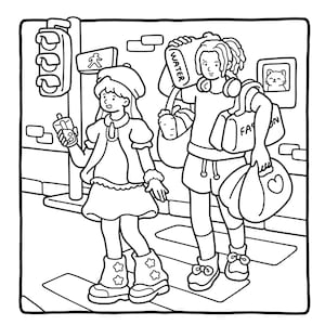 May include: Black and white illustration of two people crossing a street. One person carries a container labeled "WATER" and bags labeled "FASHION" and with a heart. The other person holds a drink and wears star-decorated boots.