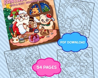 May include: A "Fantasy Winter" coloring book with a Santa Claus illustration on the cover. The cover features Santa, a teddy bear, and a reindeer. The image also shows four coloring pages, one with the text "PDF DOWNLOAD" and another with "54 PAGES".
