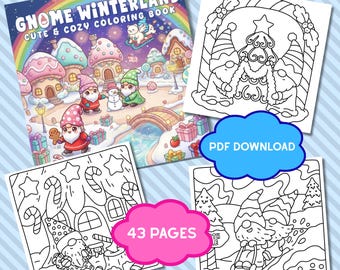May include: A "Gnome Winterland" coloring book with a rainbow and winter scene cover. Includes four coloring pages with gnomes, a Christmas tree, and winter scenes. The coloring book has 43 pages and is available as a PDF download.