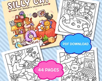 Silly Cat Cozy Coloring Book, Cute and Cozy Digital Coloring Pages, Instant Download Relaxing Coloring Book, Cozy Coloring Book, Coloring