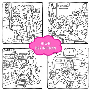 May include: Black and white cartoon illustration with four panels depicting everyday scenes. The scenes include people crossing a street, studying, shopping, and relaxing at the beach. A pink cloud-shaped text bubble reads "HIGH DEFINITION."