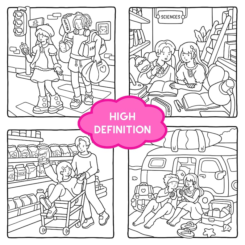 May include: Black and white cartoon illustration with four panels depicting everyday scenes. The scenes include people crossing a street, studying, shopping, and relaxing at the beach. A pink cloud-shaped text bubble reads "HIGH DEFINITION."