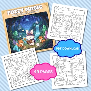 May include: A collection of coloring pages and a book cover. The book cover reads "Fuzzy Magic Ancient Mystery Adventures" and features a rabbit with a staff. The coloring pages are outlined with various cartoon characters. One cloud-shaped graphic reads "PDF DOWNLOAD" and another reads "49 PAGES".