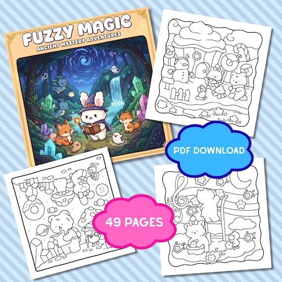 Fuzzy Magic Coloring Book, Cute and Cozy Digital Coloring Pages, Instant Download Relaxing Coloring Book, Cozy Coloring Book, Cute Coloring