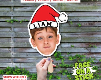 Custom Face on a Stick | Personalized Christmas Face Prop | Santa Hat Face Cutout | Custom Name Christmas Photo Prop | Holiday Photo Prop