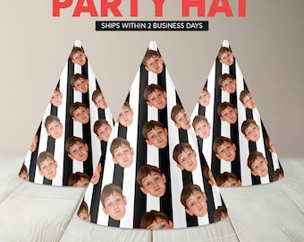 May include: Three cone-shaped party hats with a black and white striped pattern. Each hat is decorated with multiple images of a young person's face. The text "PARTY HAT" is displayed in red.