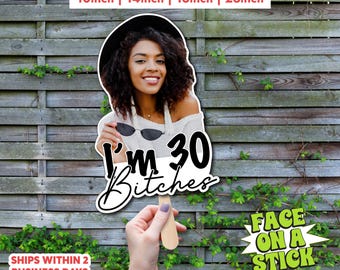 Custom 30th Birthday Face Fan | Personalized Photo Prop Stick (Ships 2 Business Days)