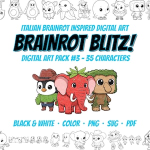 Könnte beinhalten: Digitales Kunstpaket mit 35 Cartoon-Charakteren in Schwarzweiß und Farbe. Das Bild enthält den Text "BRAINROT BLITZ!" und "DIGITAL ART PACK #3 - 35 CHARACTERS". Der Kunststil ist von Italian Brainrot inspiriert.