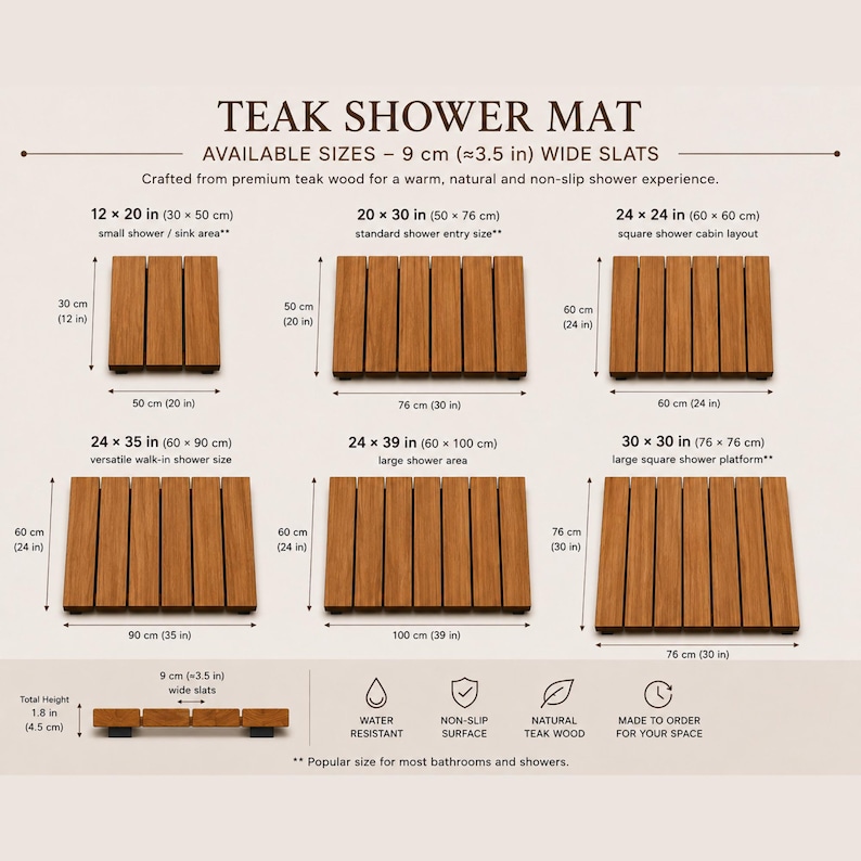 Solid Teak Shower Mat, Handmade Non-Slip Wooden Bathroom Spa Mat image 2