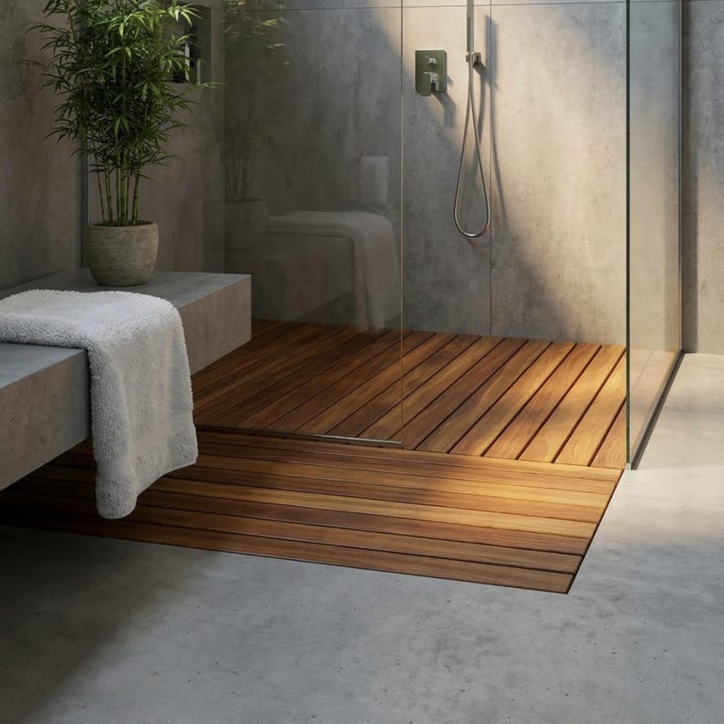 May include: A modern bathroom with a wooden shower floor and glass enclosure. The floor is made of warm-toned wood planks. A potted plant and a white towel on a concrete bench add to the spa-like atmosphere. The walls are a neutral gray.