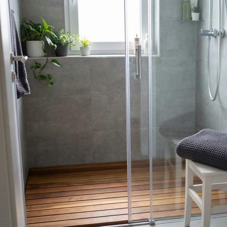 May include: A modern shower with a wooden floor and gray tiled walls. A glass door leads into the shower, and a white stool with a gray towel sits in the corner. Potted plants sit on a ledge near the window.