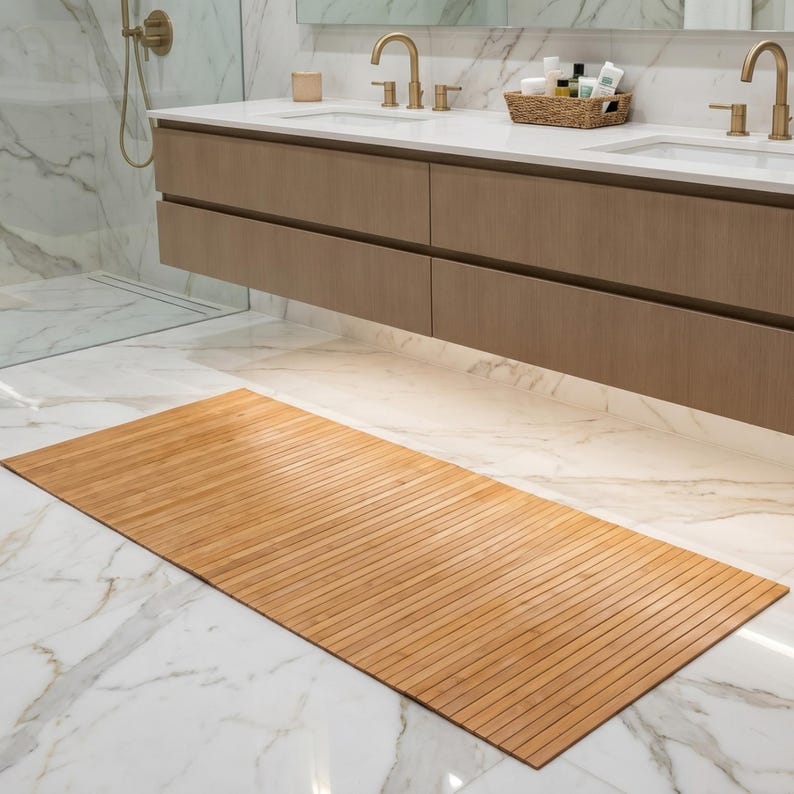 K&ouml;nnte beinhalten: Eine rechteckige Badematte aus Bambus mit Lamellendesign. Die Matte ist hellbraun und liegt auf einem wei&szlig;en Marmorboden. Das Badezimmer verf&uuml;gt &uuml;ber ein Doppelwaschbecken mit hellem Holzfinish und goldenen Armaturen.