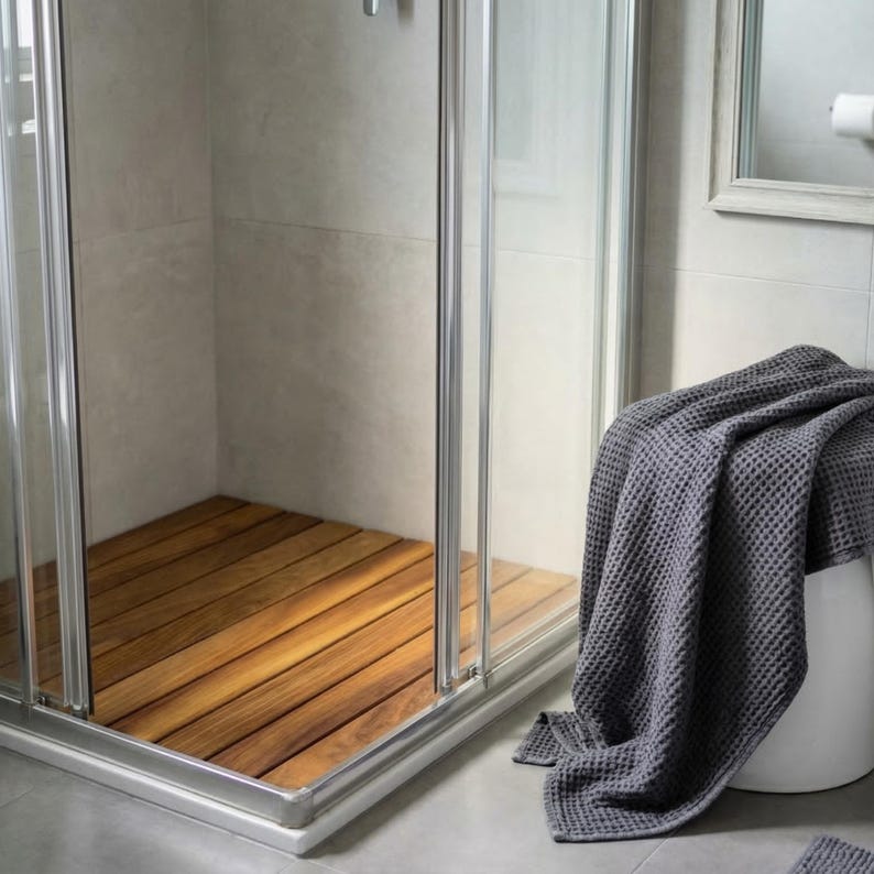 May include: A modern shower enclosure with a wooden floor. The shower has a glass door and a silver frame. A gray waffle-weave towel is draped over a white stool, suggesting a spa-like bathroom setting.