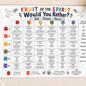 May include: A white game sheet titled Fruit of the Spirit Would You Rather with a grid of six rows and six columns. Each cell contains a choice between two activities. The sheet features colorful dice icons, dove illustrations, and text instructions.